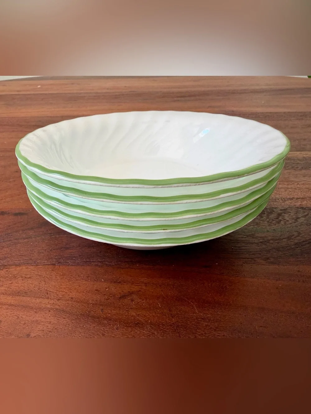 CORELLE CHUTNEY SOUP CEREAL BOWLS LOT OF 5 SWIRL GREEN RIM USA